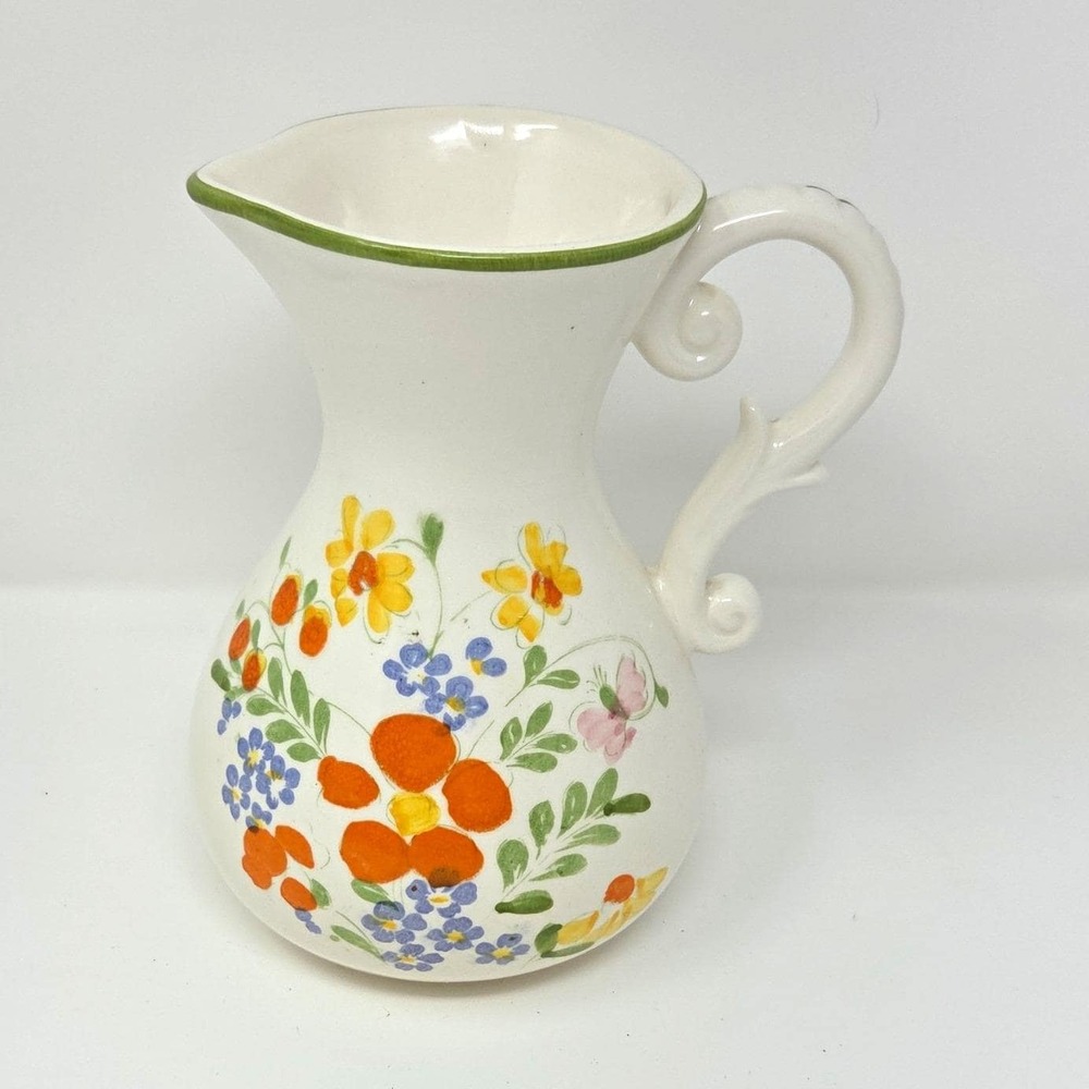 Vintage 1979 FTDA Weiss Brazil Hand Painted Ceramic Pitcher Vase Butterfly